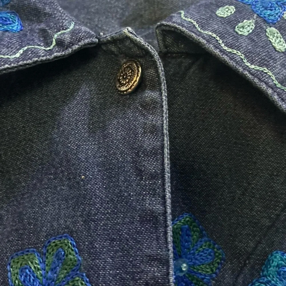 Coldwater Creek Dark Blue Denim Jacket with Blue Floral Embroidery